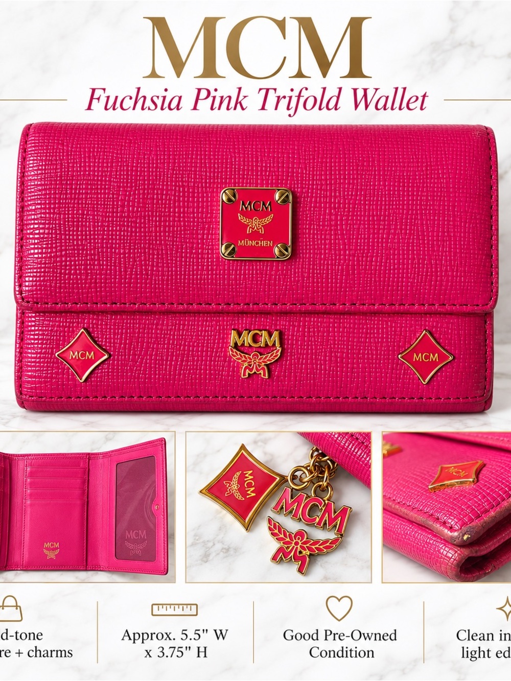 MCM Fuchsia Pink Y2K Trifold Wallet Gold Charms
